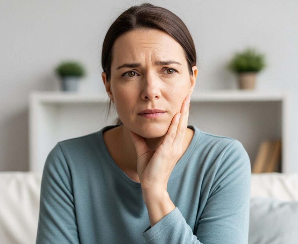 Person experiencing tooth pain at home and seeking immediate relief